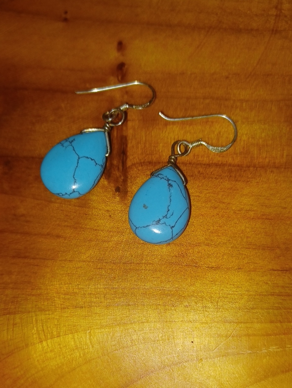 Vintage SU 925 CH Sterling Silver Turquoise Teardrop Earrings Handmade Boho Drop